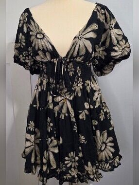 Free People -"Perfect Day" Black Floral Smocked Babydoll Dress with Puff Sleeves